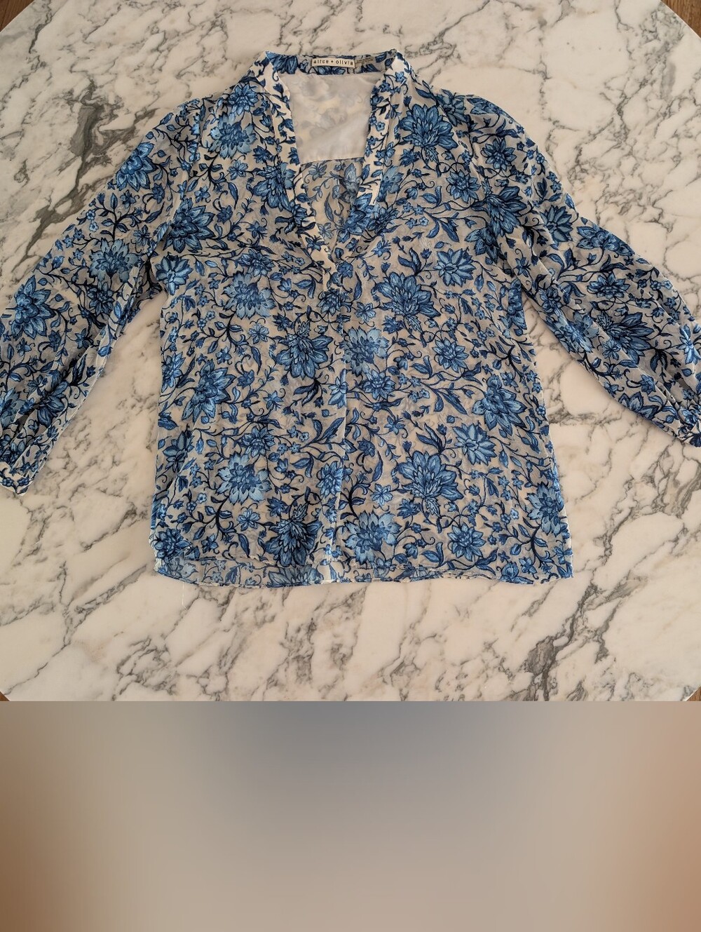 alice + olivia sheer blouse with blue velvet floral pattern Women's Small